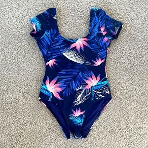 Roxy blue floral short sleeve one-piece swimsuit